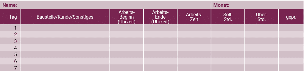 Name:,,,,,Monat:,,,Tag,Baustelle Kunde Sonstiges,Arbeits- Beginn (Uhrzeit),Arbeits- Ende (Uhrzeit),Arbeits- Zeit,Soll   