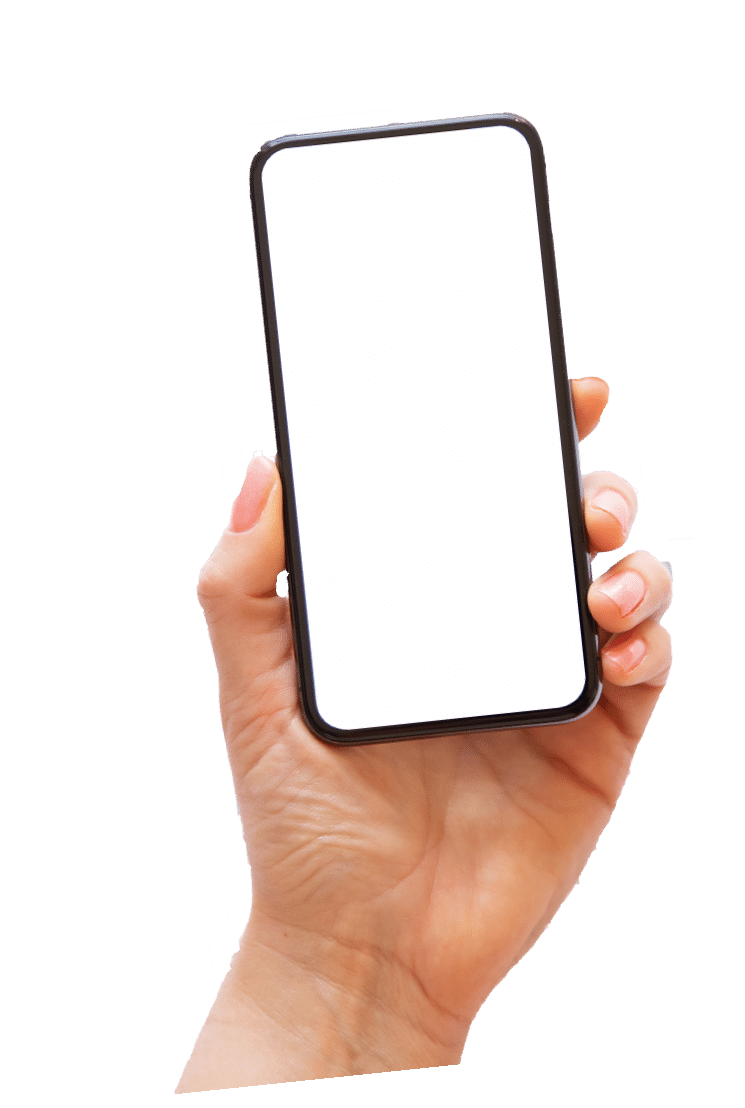 Smart phone with white screen in hand, transparent background pattern