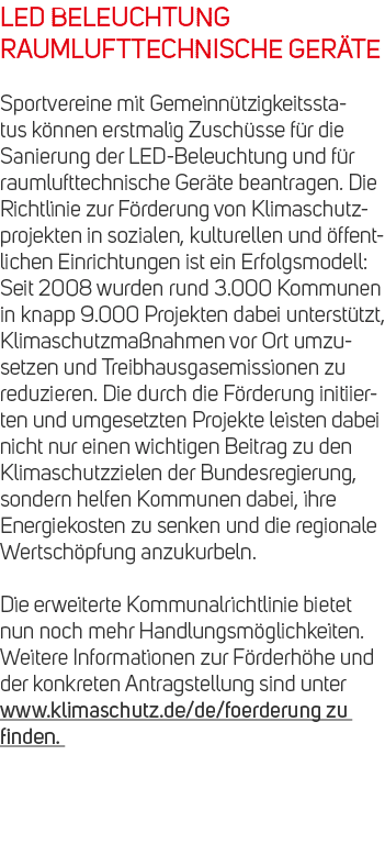 LED BELEUCHTUNG RAUMLUFTTECHNISCHE GER TE Sportvereine mit Gemeinn tzigkeitsstatus k nnen erstmalig Zusch sse f r die...