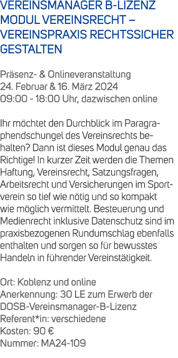 VEREINSMANAGER B LIZENZ MODUL VEREINSRECHT – VEREINSPRAXIS RECHTSSICHER GESTALTEN Pr senz & Onlineveranstaltung 24. F...